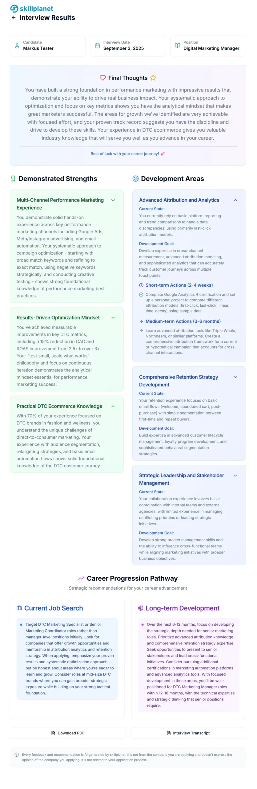 Candidate feedback report showing detailed performance assessment, strengths, improvement areas, and career advice