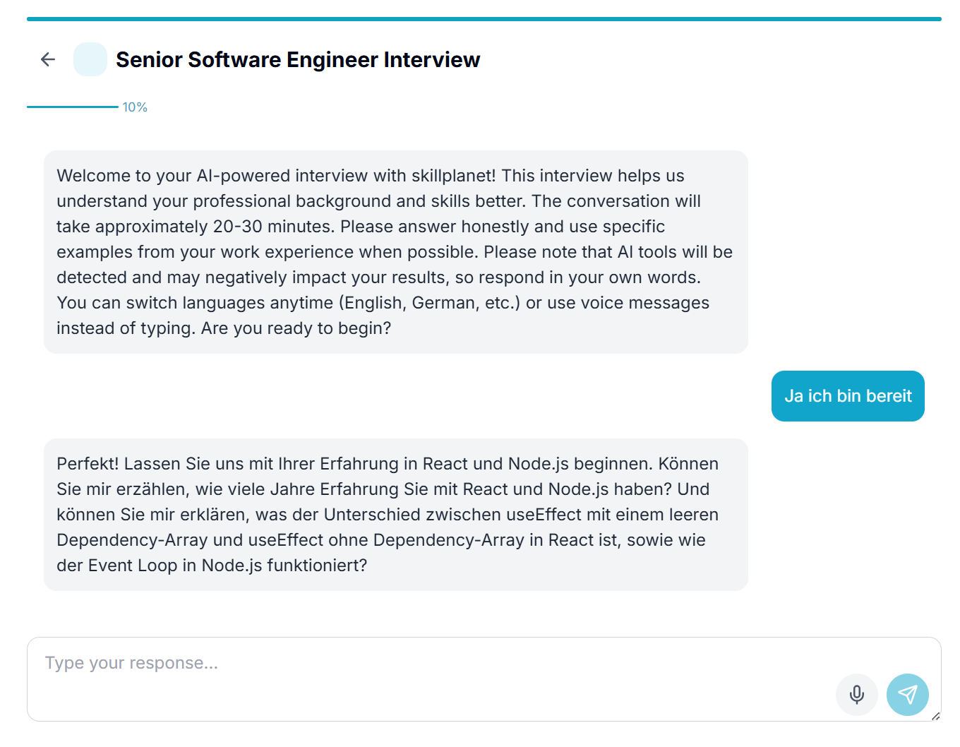 Multilingual interview interface showing voice-to-voice conversation in candidate&#039;s native language