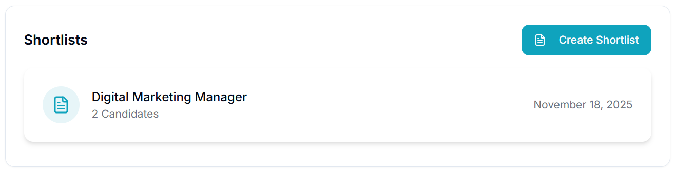 Shortlist interface showing candidate organization