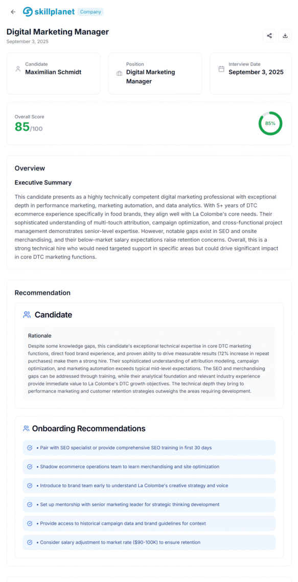 Full detailed candidate assessment report showing complete analysis