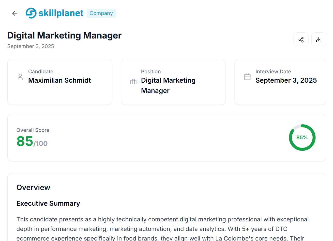 Detailed candidate assessment showing 85% overall score with executive summary